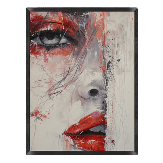 expressive oil painting portrait poster featuring a dramatic close-up of a woman's face with bold red lips, intense eye makeup, and textured white and grey impasto brushstrokes, enclosed in a thin black frame