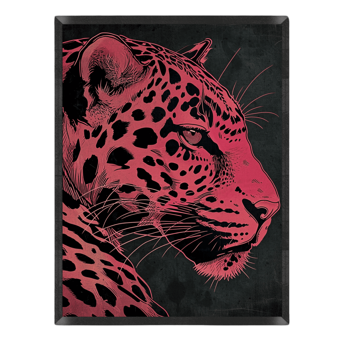 bold graphic art poster featuring a side profile illustration of a leopard in vivid pink tones with detailed black spots and long whiskers, set against a dark textured background in a thin black frame