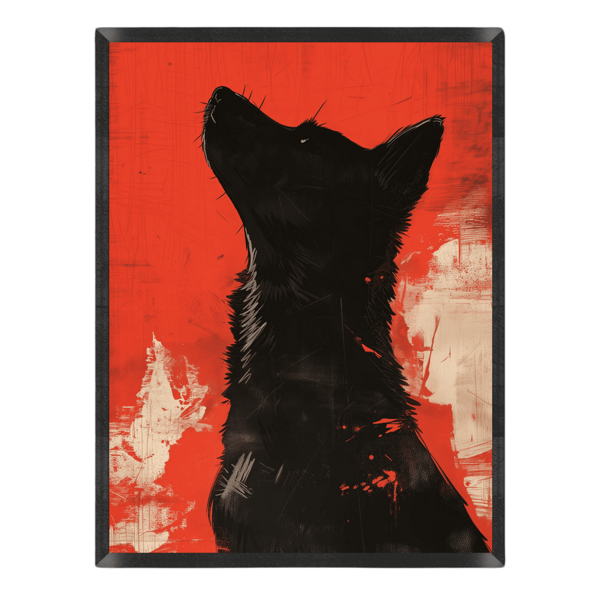 dramatic graphic art poster featuring the black silhouette profile of a dog looking up, set against a distressed bright red background with ivory paint splatters and scratch textures inside a thin black frame