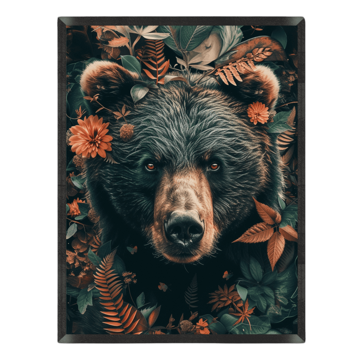 botanical grizzly bear art print featuring a detailed close-up portrait of a brown bear surrounded by forest foliage, ferns, and orange flowers in warm earthy tones, enclosed in a thin black frame