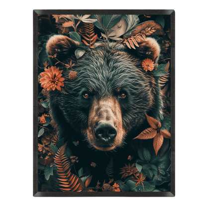 botanical grizzly bear art print featuring a detailed close-up portrait of a brown bear surrounded by forest foliage, ferns, and orange flowers in warm earthy tones, enclosed in a thin black frame