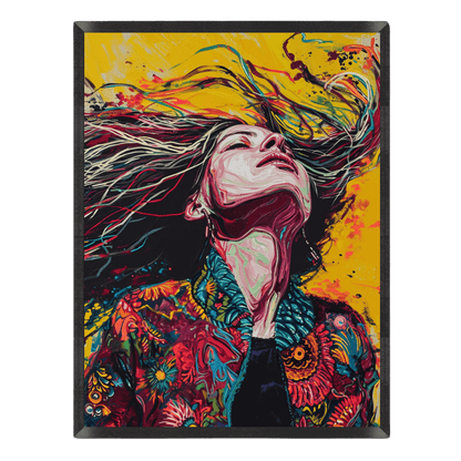 vibrant street art portrait poster featuring a woman with flowing flowing colorful hair tilted back, wearing a detailed patterned jacket against a bright yellow splashed background inside a thin black frame
