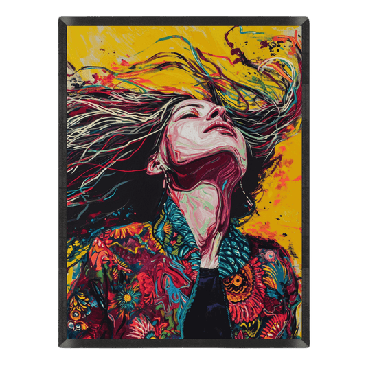 vibrant street art portrait poster featuring a woman with flowing flowing colorful hair tilted back, wearing a detailed patterned jacket against a bright yellow splashed background inside a thin black frame
