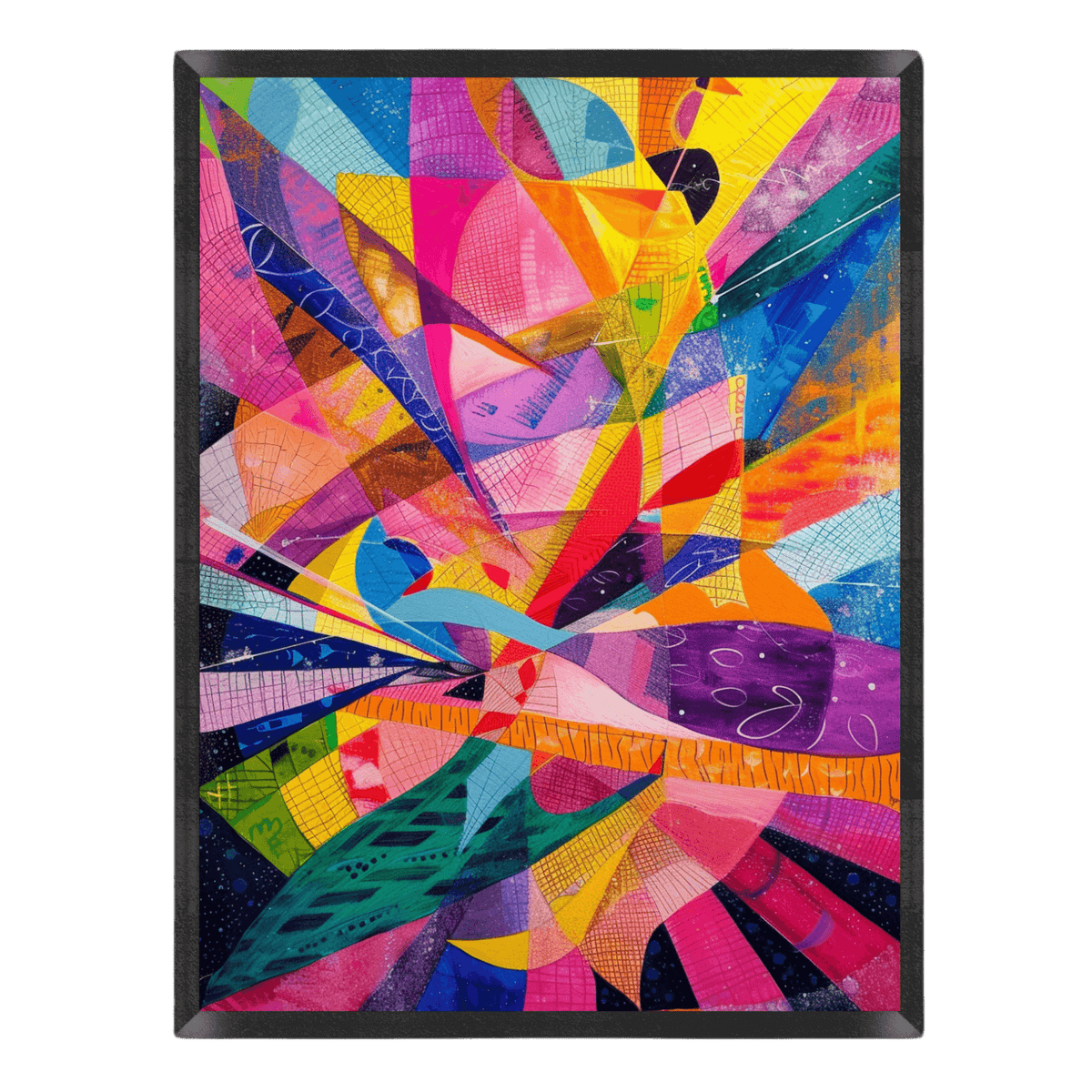 vibrant abstract geometric art print featuring explosive shards, grid textures, and dynamic rays in bright magenta, electric blue, sunny yellow, orange, and emerald green, enclosed in a thin black frame