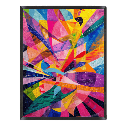 vibrant abstract geometric art print featuring explosive shards, grid textures, and dynamic rays in bright magenta, electric blue, sunny yellow, orange, and emerald green, enclosed in a thin black frame