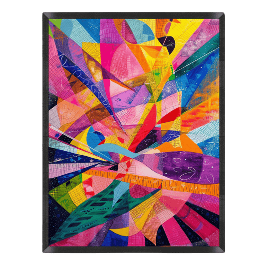 vibrant abstract geometric art print featuring explosive shards, grid textures, and dynamic rays in bright magenta, electric blue, sunny yellow, orange, and emerald green, enclosed in a thin black frame