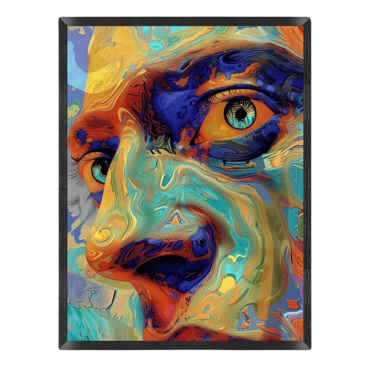 psychedelic abstract portrait poster featuring a surreal close-up face with wide open eyes, rendered in swirling impasto liquid textures of fiery orange, yellow, cobalt blue, and turquoise inside a thin black frame
