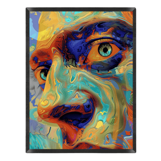 psychedelic abstract portrait poster featuring a surreal close-up face with wide open eyes, rendered in swirling impasto liquid textures of fiery orange, yellow, cobalt blue, and turquoise inside a thin black frame