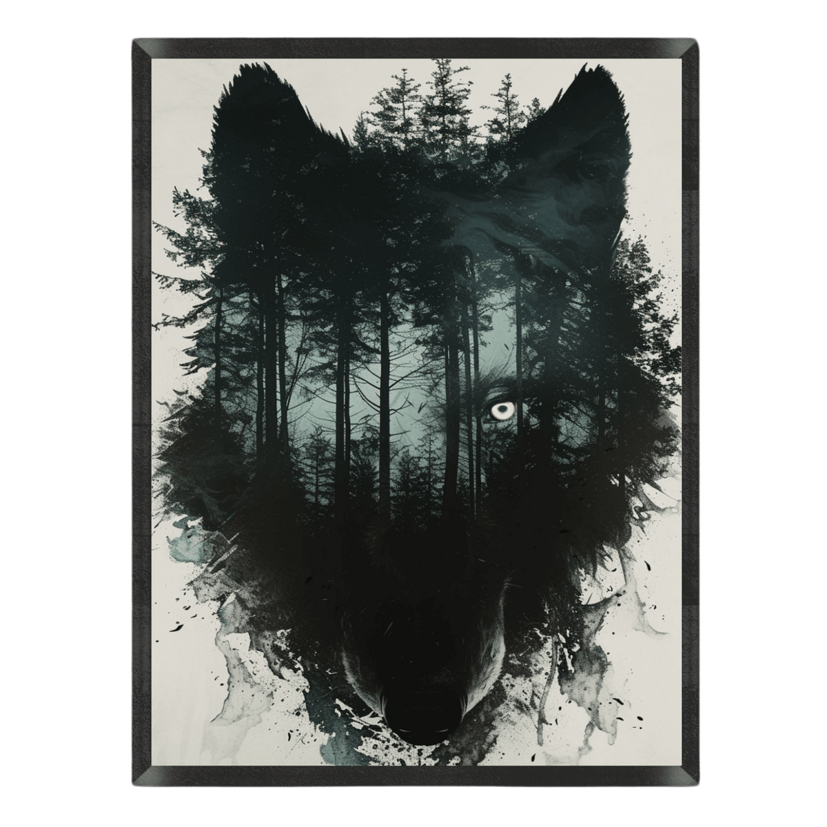 Double exposure wildlife art print featuring a wolf head silhouette blended with a misty pine forest landscape, detailed with a piercing glowing eye and dark watercolor ink splatters in a thin black frame.