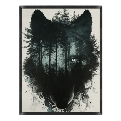 Double exposure wildlife art print featuring a wolf head silhouette blended with a misty pine forest landscape, detailed with a piercing glowing eye and dark watercolor ink splatters in a thin black frame.