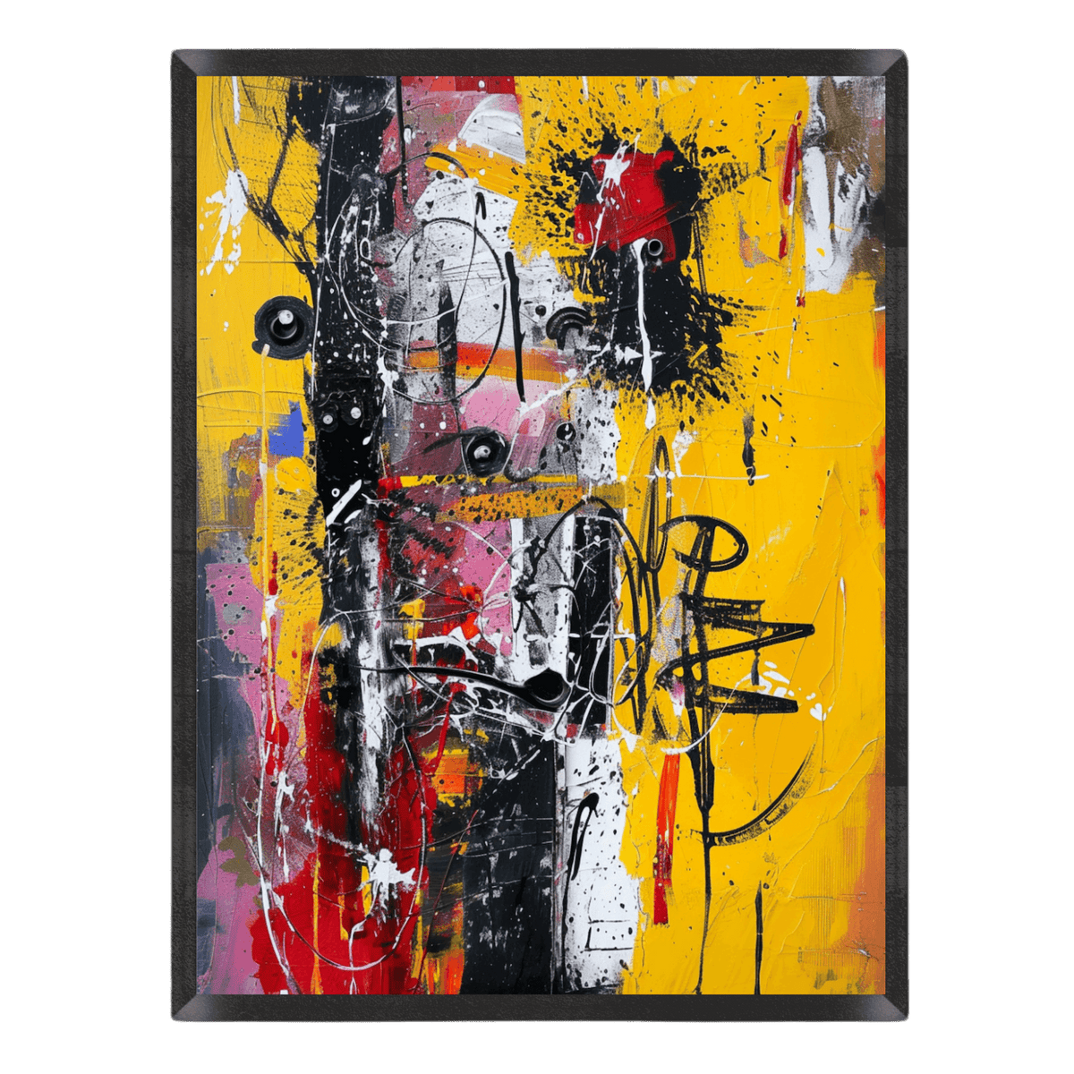 Vibrant abstract expressionist art print featuring energetic graffiti markings, dripping black and white paint, and dynamic splatters over bright yellow, red, and pink brushstrokes in a thin black frame.