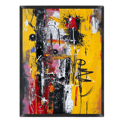 Vibrant abstract expressionist art print featuring energetic graffiti markings, dripping black and white paint, and dynamic splatters over bright yellow, red, and pink brushstrokes in a thin black frame.