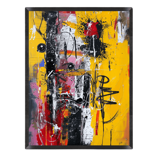 Vibrant abstract expressionist art print featuring energetic graffiti markings, dripping black and white paint, and dynamic splatters over bright yellow, red, and pink brushstrokes in a thin black frame.