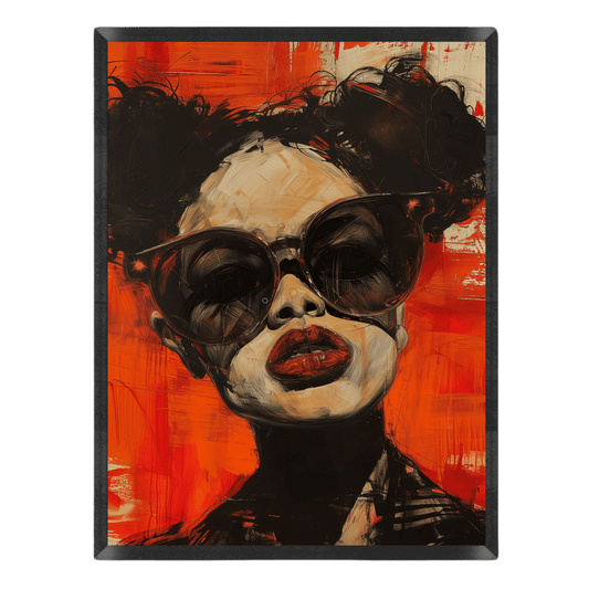 Vibrant street art portrait poster featuring a woman with dark space buns, large round sunglasses, and red lipstick set against a bold fiery orange textured background in a thin black frame.