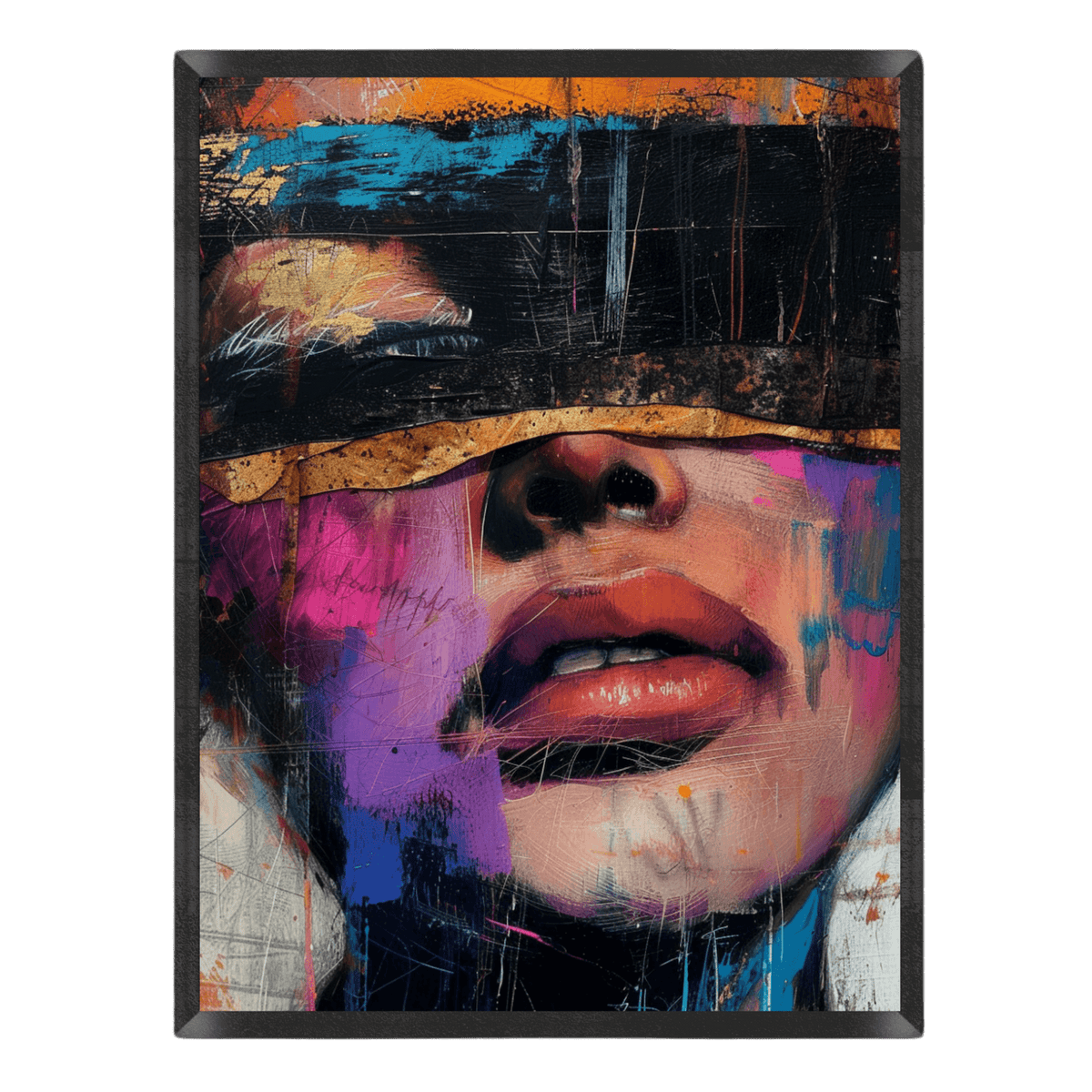 Expressive street art portrait poster featuring a close-up of a woman's face blindfolded with a textured black and gold band, styled with vibrant pink, purple, teal, and orange paint splatters inside a thin black frame.