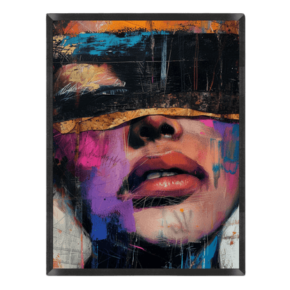 Expressive street art portrait poster featuring a close-up of a woman's face blindfolded with a textured black and gold band, styled with vibrant pink, purple, teal, and orange paint splatters inside a thin black frame.