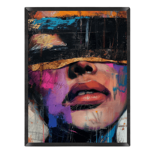 Expressive street art portrait poster featuring a close-up of a woman's face blindfolded with a textured black and gold band, styled with vibrant pink, purple, teal, and orange paint splatters inside a thin black frame.