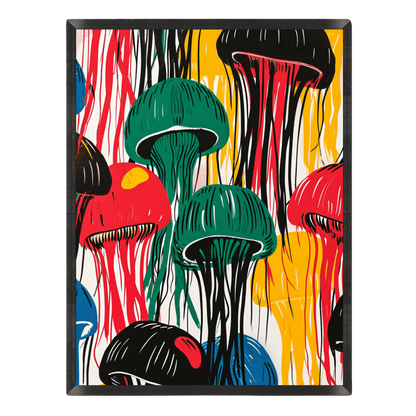 Vibrant linocut-style graphic poster featuring a pattern of colorful jellyfish floating with trailing tentacles in bold red, forest green, bright yellow, cobalt blue, and black, enclosed in a thin black frame.