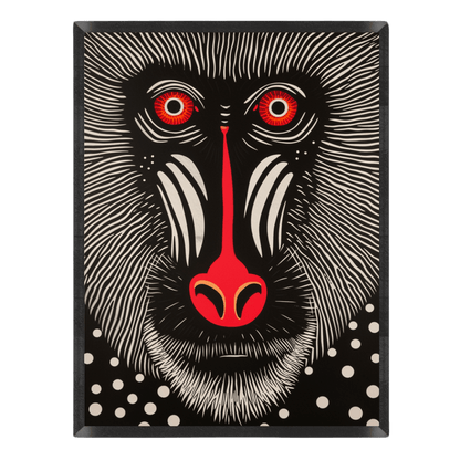 Woodcut-style graphic art poster featuring a high-contrast mandrill baboon face with bright red eyes, a vibrant red nose, and detailed black-and-white linework over a polka dot background, enclosed in a thin black frame.