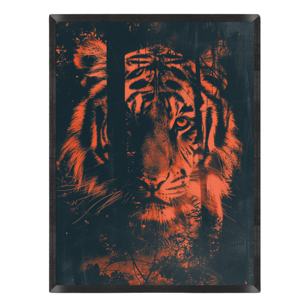 intense tiger portrait art print featuring a close-up of a tiger's face in vibrant fiery orange with dark double-exposure tree silhouettes and grunge textures over a dark navy background, enclosed in a thin black frame