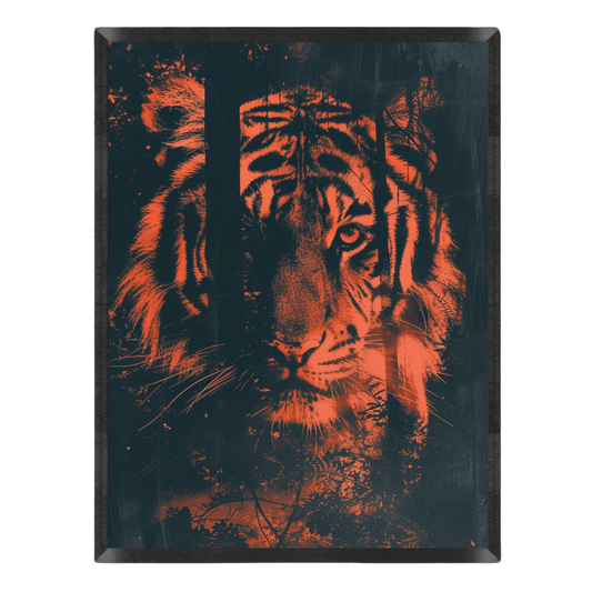 intense tiger portrait art print featuring a close-up of a tiger's face in vibrant fiery orange with dark double-exposure tree silhouettes and grunge textures over a dark navy background, enclosed in a thin black frame