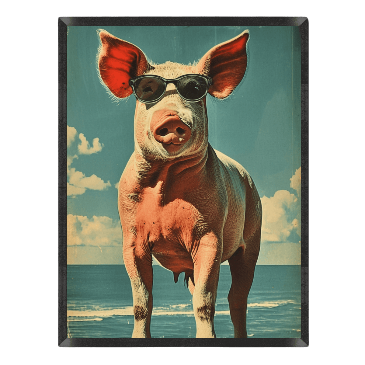 Funny retro beach poster featuring a pink pig wearing black sunglasses standing on a tropical ocean beach under a blue sky, styled with a vintage postcard aesthetic inside a thin black frame.