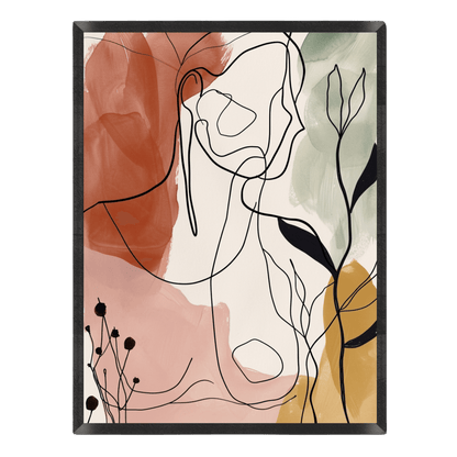 Boho line art print featuring a minimal continuous black line drawing of an abstract female silhouette and botanical leaves, layered over soft watercolor washes in terracotta, blush pink, sage green, and mustard yellow in a thin black frame.