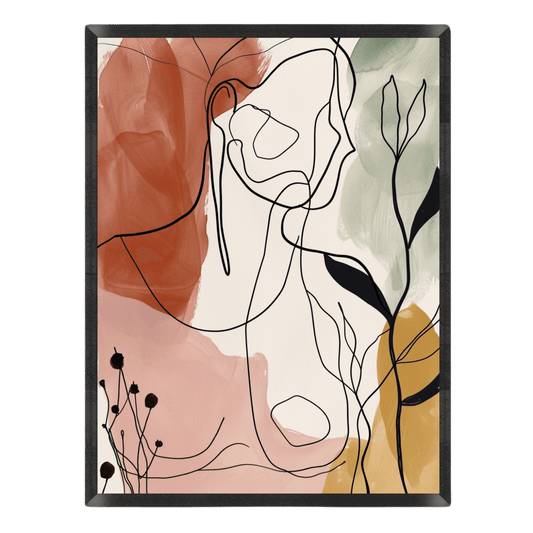 Boho line art print featuring a minimal continuous black line drawing of an abstract female silhouette and botanical leaves, layered over soft watercolor washes in terracotta, blush pink, sage green, and mustard yellow in a thin black frame.