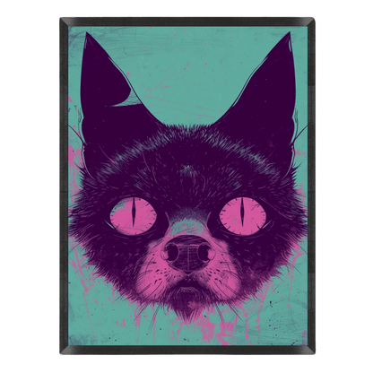 Edgy retro black cat poster featuring a close-up portrait of a cat head with pointed ears and large glowing pink eyes, styled with neon pink paint splatters against a textured teal background inside a thin black frame.