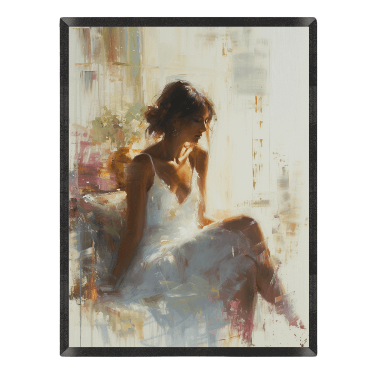 Impressionist oil painting poster featuring a woman in a white dress sitting in soft, warm sunlight, rendered with textured brushstrokes in cream, muted pink, and golden tones, enclosed in a thin black frame.