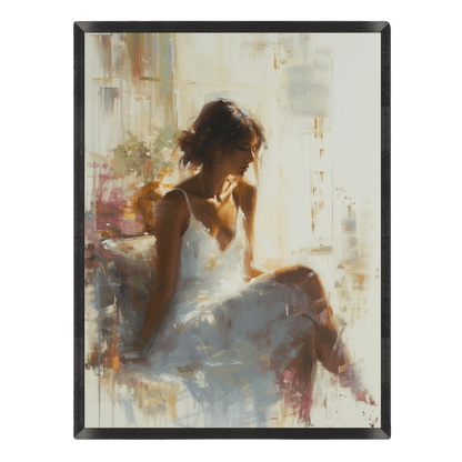 Impressionist oil painting poster featuring a woman in a white dress sitting in soft, warm sunlight, rendered with textured brushstrokes in cream, muted pink, and golden tones, enclosed in a thin black frame.