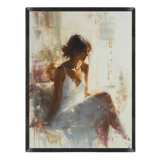 Impressionist oil painting poster featuring a woman in a white dress sitting in soft, warm sunlight, rendered with textured brushstrokes in cream, muted pink, and golden tones, enclosed in a thin black frame.
