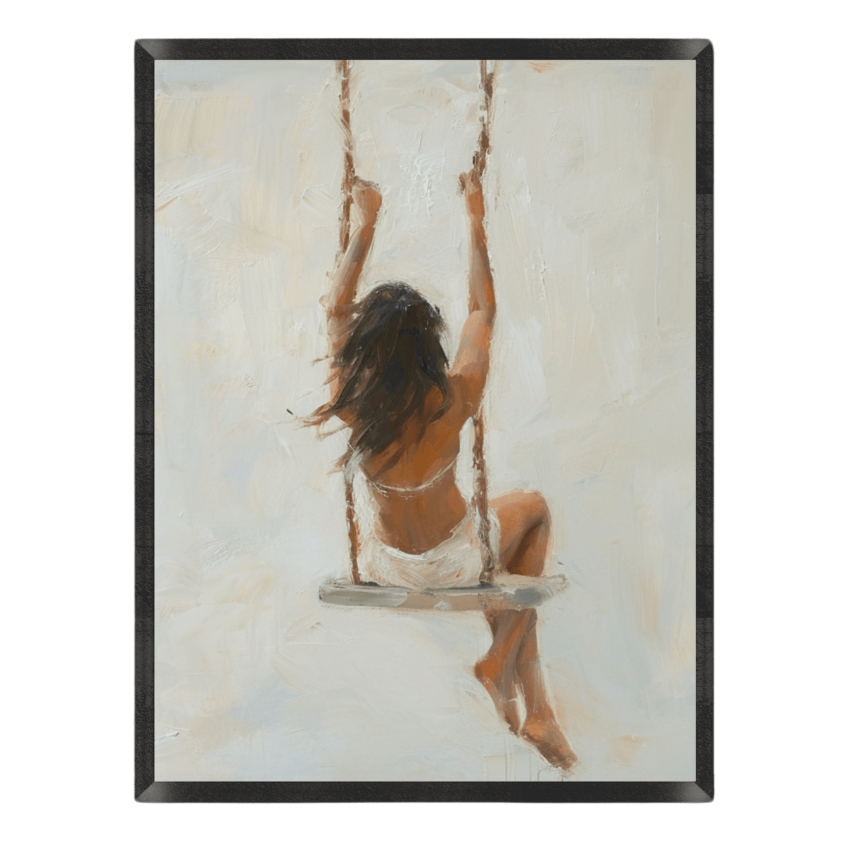 Minimalist impressionist oil painting poster featuring the back view of a woman in a white dress sitting on a swing, rendered in soft beige, ivory, and warm neutral tones, enclosed in a thin black frame.
