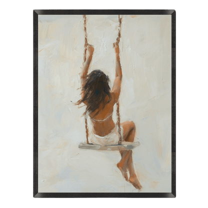 Minimalist impressionist oil painting poster featuring the back view of a woman in a white dress sitting on a swing, rendered in soft beige, ivory, and warm neutral tones, enclosed in a thin black frame.
