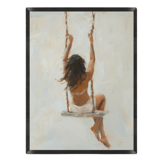 Minimalist impressionist oil painting poster featuring the back view of a woman in a white dress sitting on a swing, rendered in soft beige, ivory, and warm neutral tones, enclosed in a thin black frame.