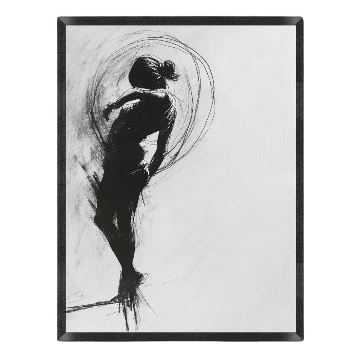 Expressive black-and-white charcoal sketch poster featuring the silhouette of a dancing female figure surrounded by dynamic circular motion lines on a light grey background inside a thin black frame.
