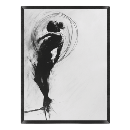 Expressive black-and-white charcoal sketch poster featuring the silhouette of a dancing female figure surrounded by dynamic circular motion lines on a light grey background inside a thin black frame.
