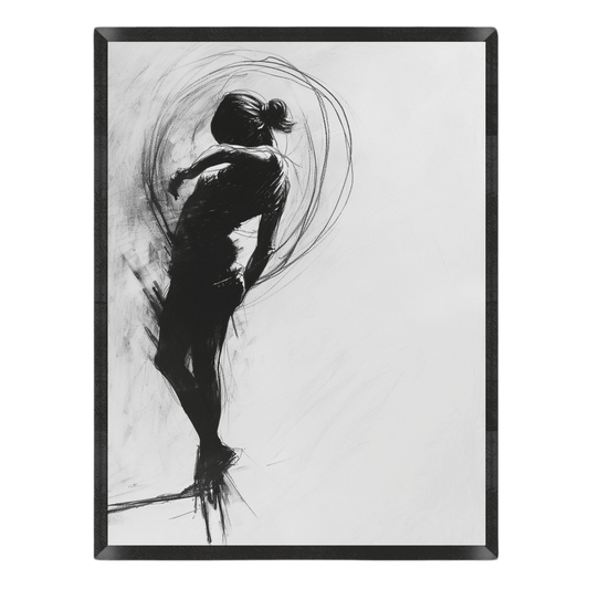 Expressive black-and-white charcoal sketch poster featuring the silhouette of a dancing female figure surrounded by dynamic circular motion lines on a light grey background inside a thin black frame.