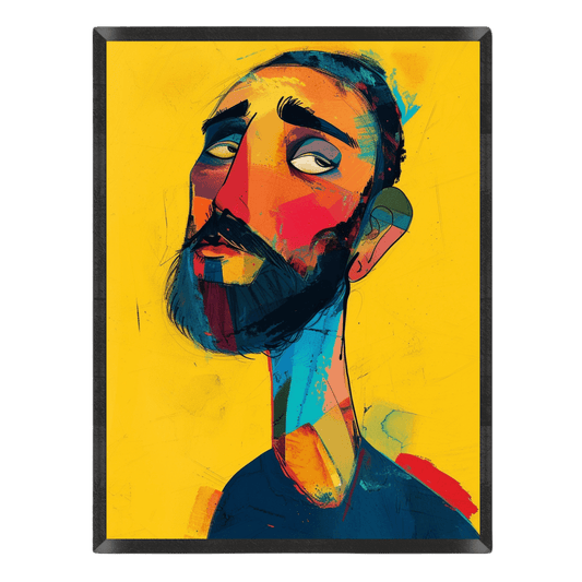 Colorful modern portrait poster featuring an artistic, stylized bearded man with expressive color blocking in red, blue, and teal set against a vibrant yellow background inside a thin black frame.