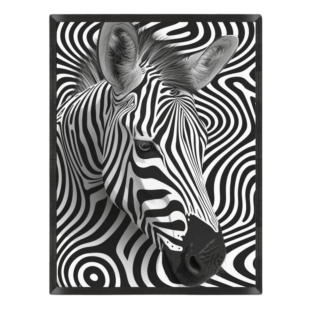 Optical illusion zebra poster featuring a detailed black and white zebra head portrait seamlessly blending into a swirling hypnotic striped pattern background inside a thin black frame.