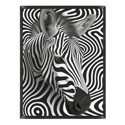 Optical illusion zebra poster featuring a detailed black and white zebra head portrait seamlessly blending into a swirling hypnotic striped pattern background inside a thin black frame.