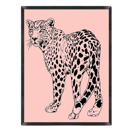minimalist leopard illustration poster featuring a detailed black line art leopard looking back over its shoulder set against a soft blush pink background, enclosed in a thin black frame