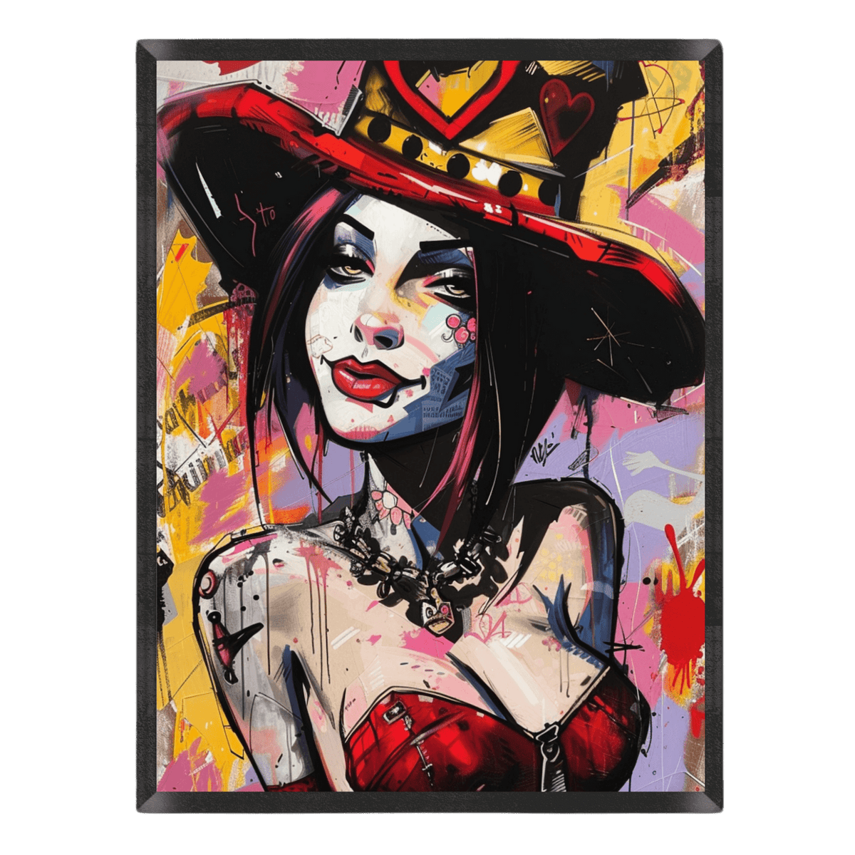 Vibrant street art poster featuring a comic-style woman with dark hair wearing a wide-brimmed red hat and red corset, surrounded by edgy graffiti paint splatters in pink, yellow, and red inside a thin black frame.