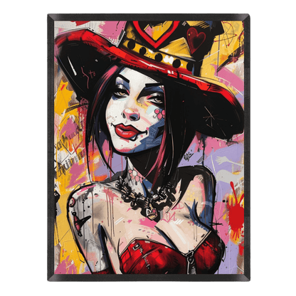 Vibrant street art poster featuring a comic-style woman with dark hair wearing a wide-brimmed red hat and red corset, surrounded by edgy graffiti paint splatters in pink, yellow, and red inside a thin black frame.