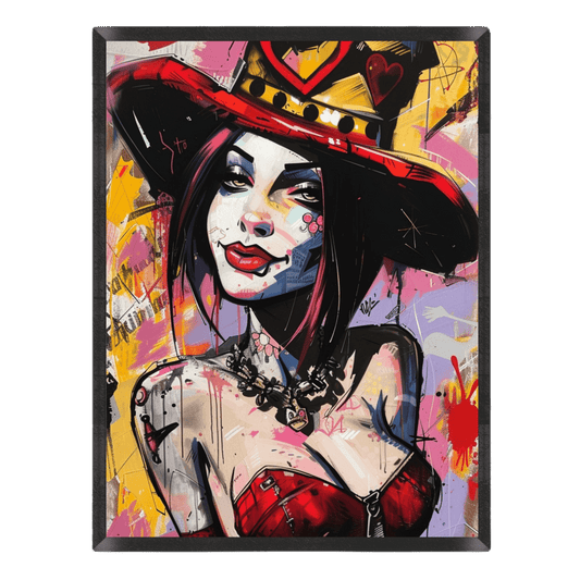 Vibrant street art poster featuring a comic-style woman with dark hair wearing a wide-brimmed red hat and red corset, surrounded by edgy graffiti paint splatters in pink, yellow, and red inside a thin black frame.