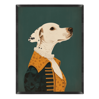 Vintage renaissance dog portrait poster featuring a Dalmatian dressed in a historical yellow and teal aristocratic outfit with a ruffled collar, set against a dark teal background in a thin black frame.