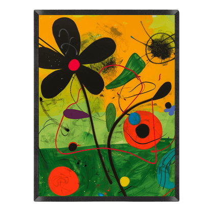 Vibrant abstract floral art print inspired by Joan Miró featuring a bold black daisy with a red center, whimsical line drawings, and colorful geometric shapes set against a bright yellow and green background in a thin black frame.