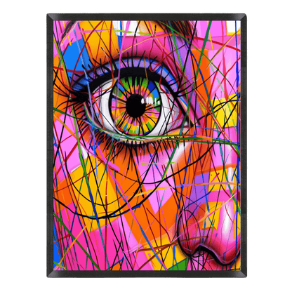 Vibrant pop-art wall print featuring a macro close-up of a detailed eye with a rainbow iris, overlaid with energetic neon lines and colorful paint splatters in hot pink, orange, yellow, and blue, enclosed in a thin black frame.