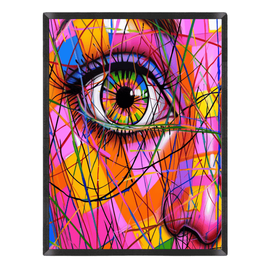Vibrant pop-art wall print featuring a macro close-up of a detailed eye with a rainbow iris, overlaid with energetic neon lines and colorful paint splatters in hot pink, orange, yellow, and blue, enclosed in a thin black frame.