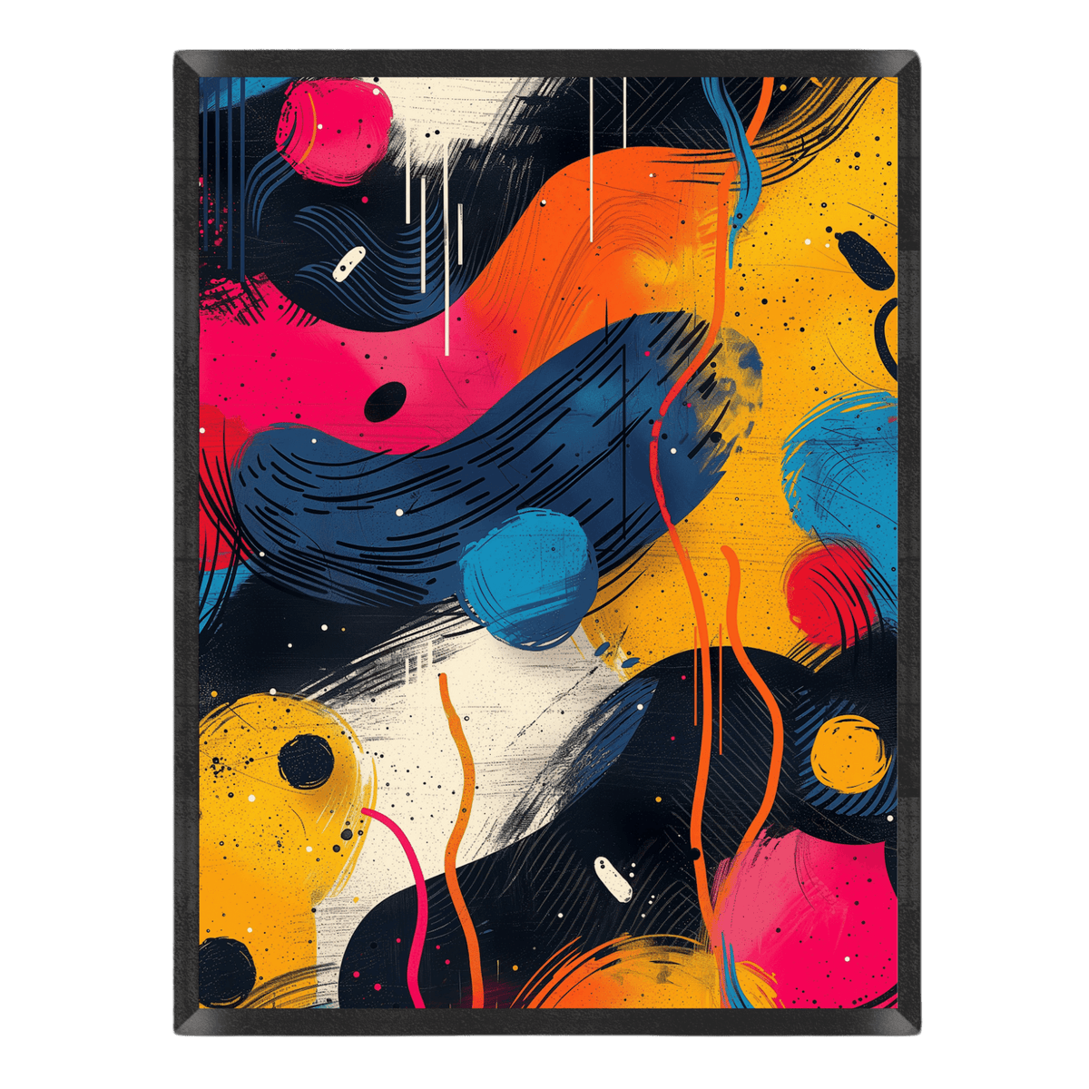 Colorful abstract art print featuring flowing organic shapes, wavy lines, and vibrant color blocking in orange, hot pink, yellow, and navy blue with fine texture overlay, set inside a thin black frame.